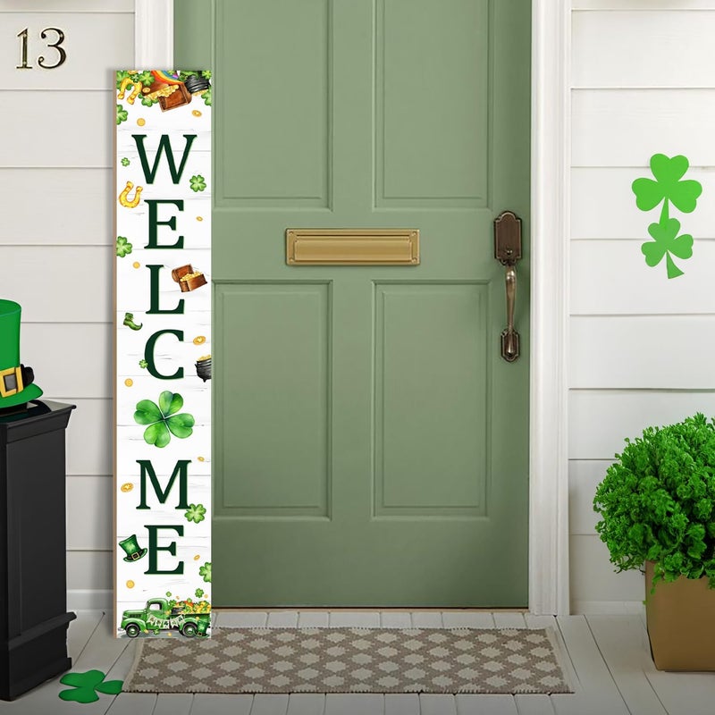 Seimip St. Patrick's Day Porch Sign Saint Patrick Wooden Welcome Sign For Front Door Shamrock Clover Home Decoration Vertical Sign For Patio Porch Standing Yard Sign for Indoor Outdoor Garden Wall - Image 1